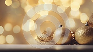 Christmas Tree With gold Baubles close-up against backdrop of golden sparkling Christmas lights. Wide format banner.