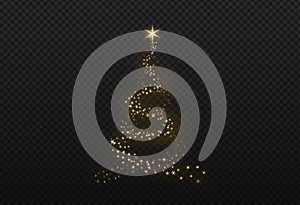 Christmas tree gold bokeh glitter particles isolate on png or transparent  background with sparkling  snow, star light  fo , New