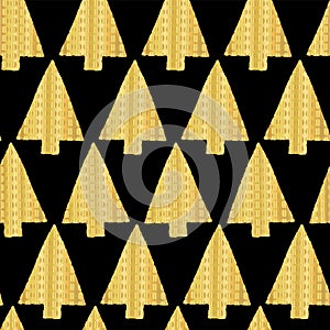 Christmas tree Gold foil seamless vector pattern backdrop. Shiny golden textured triangle Christmas trees on black background.