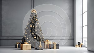 Christmas tree with gold gift boxes in minimalistic gray odern interior