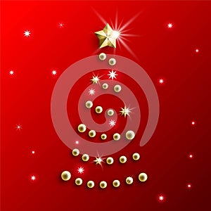 Christmas tree of Golden balls and stars on red background