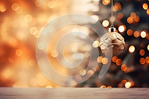 Christmas tree and golden bauble on wooden table over bokeh background, Christmas Tree With Baubles And Blurred Shiny Lights, AI