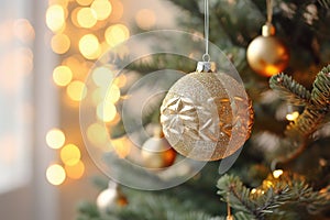 Christmas tree and golden christmas balls on abstract defocus background with bokeh. Generative AI