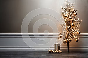Christmas tree with golden decoration and gifts on a floor near a white wall, empty background, copy space, New Year