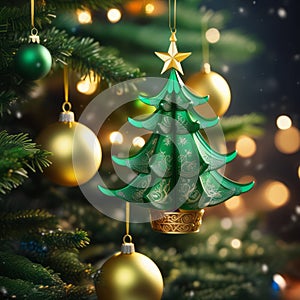 Christmas tree with golden star and baubles on bokeh background