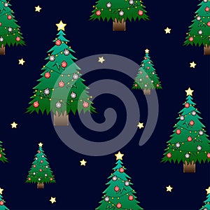 Christmas Tree and Golden Star on Dark Blue Night Sky Background. Vector Illustration