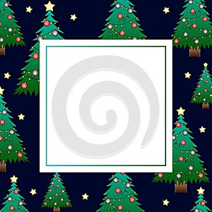Christmas Tree and Golden Star on Dark Blue Night Sky Banner Card. Vector Illustration