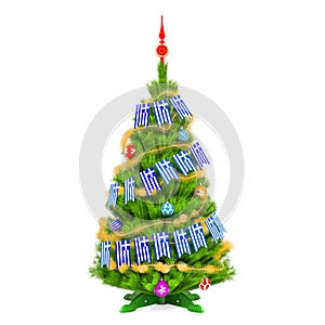 Christmas tree with Greek Xmas pennant flags, 3D rendering