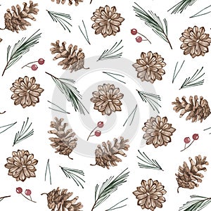 Christmas tree green fir tree, pine cone, red berries in seamless pattern background. New year holiday backdrop. For