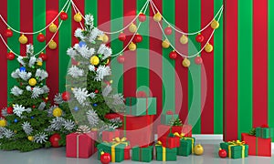 Christmas tree on green and red wall background.