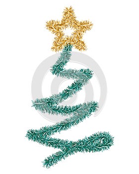 Christmas tree. Green spruce, decorated with a gold star. A tree made of fluffy tinsel. Colored vector illustration. photo