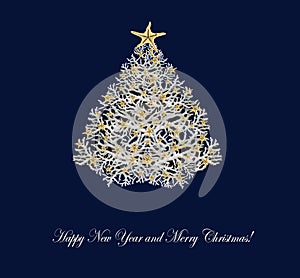 Christmas tree greeting card made of white corals and starfish against dark blue background and the greeting text