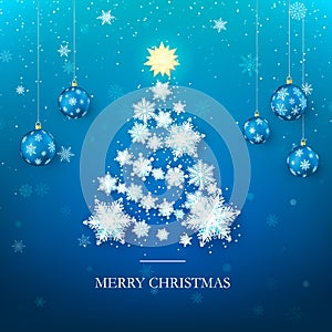 Christmas Tree Greeting Card. New Year Tree Silhouette from Paper Snowflakes and Blue Christmas Balls on background