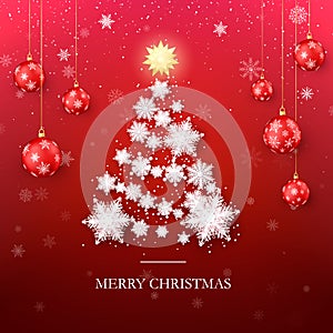Christmas Tree Greeting Card. New Year Tree Silhouette from Paper Snowflakes and Red Christmas Balls on Background