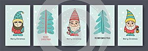 Christmas tree greeting card set. Little gnomes. Hand drawn gnome sketch. Cartoon vector illustration. Cute dwarfs characters with