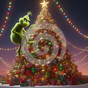 Christmas tree with grinch and gifts in the snow. 3d illustration
