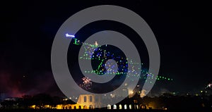 Christmas tree of Gubbio with fireworks at new year`s eve