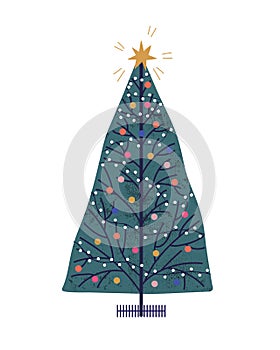 Christmas tree hand drawn vector illustration. New Year holiday attribute with toys and garlands. Decorated Xmas fir