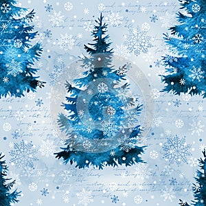 Christmas tree hand paint watercolor silhouette, vintage holiday seamless pattern