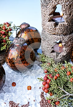 Christmas tree handmade heavy glass balls and candlelight, decor