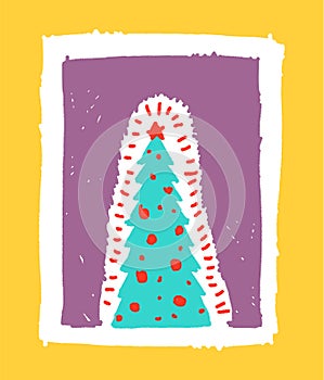 Christmas tree holiday card hand drawn doodle objects. Xmas modern trendy New Year vector illustration