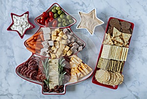 Christmas tree holiday charcuterie meat, cheese and snacks display