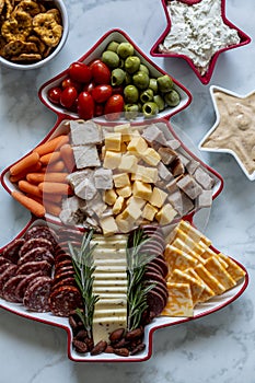 Christmas tree holiday charcuterie meat, cheese and snacks display