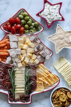 Christmas tree holiday charcuterie meat, cheese and snacks display