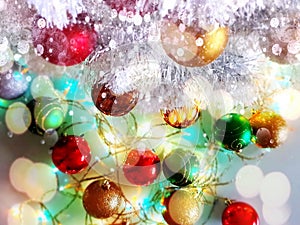 Christmas tree holiday white gold silver red green balls with snowflakes wallpaper light decoration lights colorful new year blurr