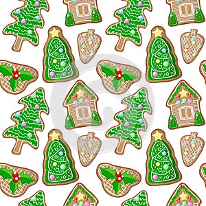 Christmas tree and holly jolly gingerbread figurines pattern. Christmas gingerbread seamless pattern