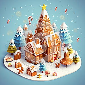 Christmas tree and house village snow winter season holiday 3D isometric illustration AI Generated