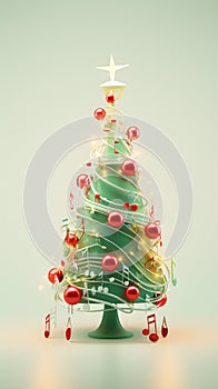 A Christmas tree, hung above are musical notes