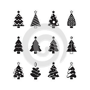 Christmas tree icon. Nature celebration symbols trees decorated with gifts and toys stylized silhouettes vector set