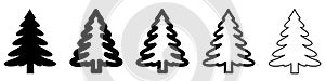 Christmas tree icon. Set of black outline christmas tree icons