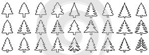 Christmas tree icon. Set of outline christmas tree icons. Vector holiday icons