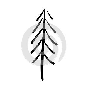 Christmas tree icon, vector hand drawn outline illustration of Xmas symbol for greeting and invitation cards