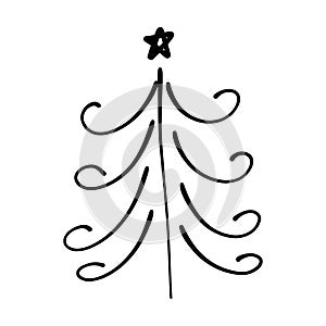 Christmas tree icon, vector hand drawn outline illustration of Xmas symbol for greeting and invitation cards