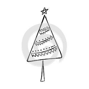 Christmas tree icon, vector hand drawn outline illustration of Xmas symbol for greeting and invitation cards