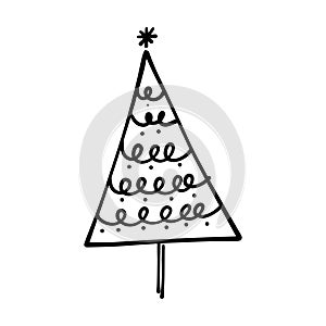 Christmas tree icon, vector hand drawn outline illustration of Xmas symbol for greeting and invitation cards