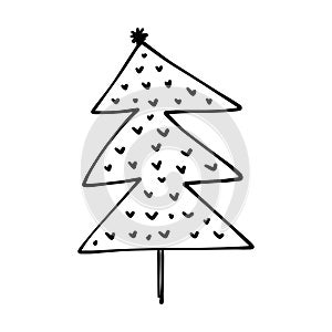 Christmas tree icon, vector hand drawn outline illustration of Xmas symbol for greeting and invitation cards