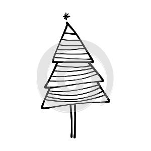 Christmas tree icon, vector hand drawn outline illustration of Xmas symbol for greeting and invitation cards