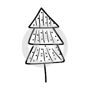 Christmas tree icon, vector hand drawn outline illustration of Xmas symbol for greeting and invitation cards