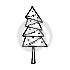 Christmas tree icon, vector hand drawn outline illustration of Xmas symbol for greeting and invitation cards