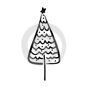 Christmas tree icon, vector hand drawn outline illustration of Xmas symbol for greeting and invitation cards