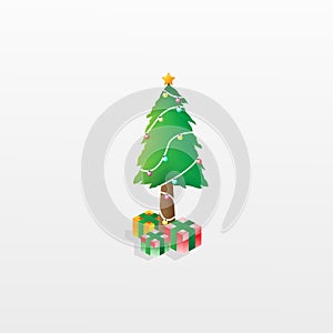 Christmas tree illustration design with decorations and gift boxes. Holiday background. Merry Chrismast and Happy New Year