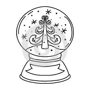 Christmas tree inside a Christmas glass ball. Xmas Snowball with snowflakes in hand drawn doodle style. New year element