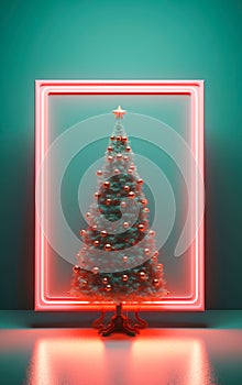 Christmas tree inside the neon frame. Futuristic Xmas background.