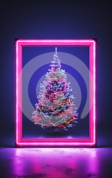 Christmas tree inside the pink neon frame. Futuristic Xmas background.