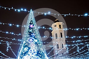 Christmas tree installed at Cathedral Square in Vilnius, Lithuania. Illuminated at night