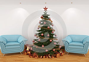 Christmas tree in the interior with blue chairs